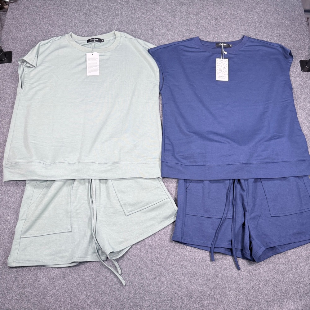 Automet 2 Pack Womens Lounge Set Sage Green Navy Blue Shorts Co-ord SZ250206 S
